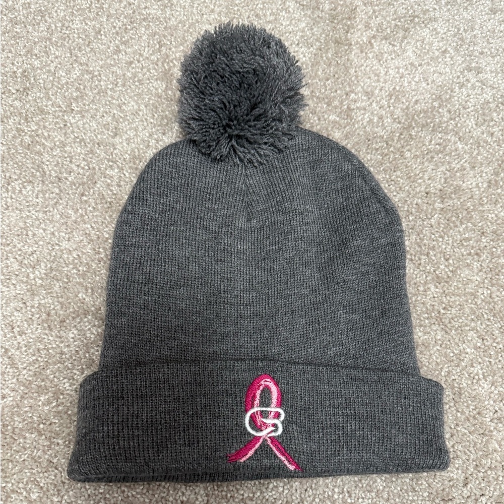 Cyclebar - Gray with Breast Cancer Awareness Pink Ribbon Beanie